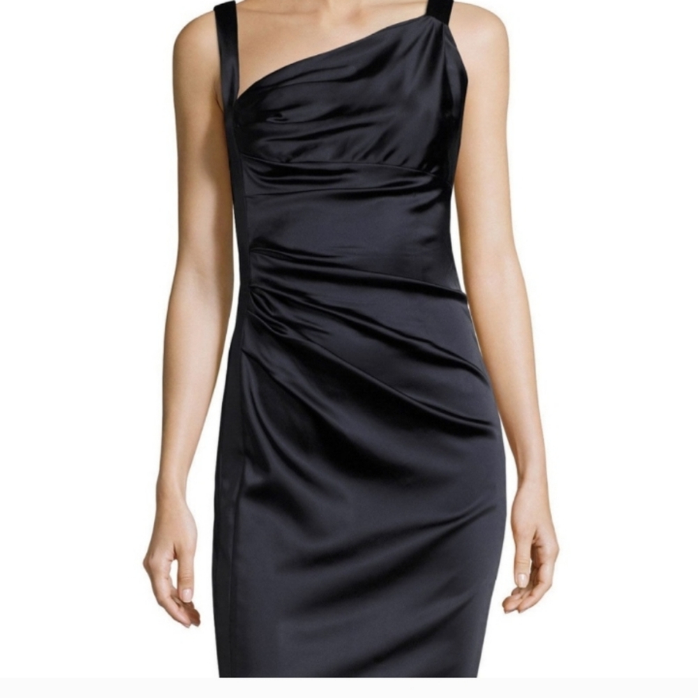 Vera Wang Black Cocktail Asymmetric Neck Ruched Dress size 8